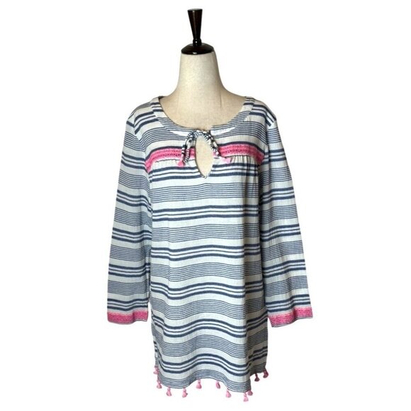 Vineyard Vines Other - Vineyard Vines Cover Up Women Large Blue White Stripe Cotton Tassels Tunic Beach